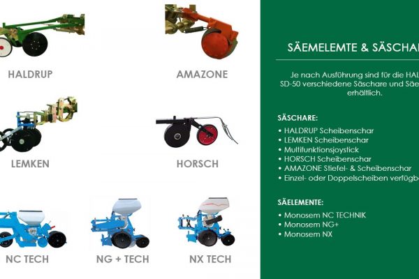 Je nach Ausführung sind für die HALDRUP SD-50 verschiedene Säschare und Säelemente erhältlich