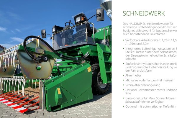 Das Schneidwerk wurde für schwierige Ernetbedingungen konstruiert und eignet sich für bodennahe und hochstehende Fruchtarten