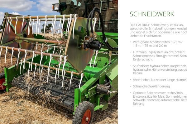 Das Schneidwerk wurde für schwierige Ernetbedingungen konstruiert und eignet sich für bodennahe und hochstehende Fruchtarten